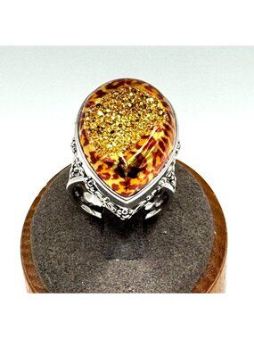 SAJEN Solid Sterling Silver 925 Druzy Quartz Leopard Enameled Ring Size 8.5